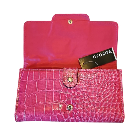 Hot Pink Crocodile Embossed Clutch Or Long Wallet, Tri-Fold - Picture 3 of 5